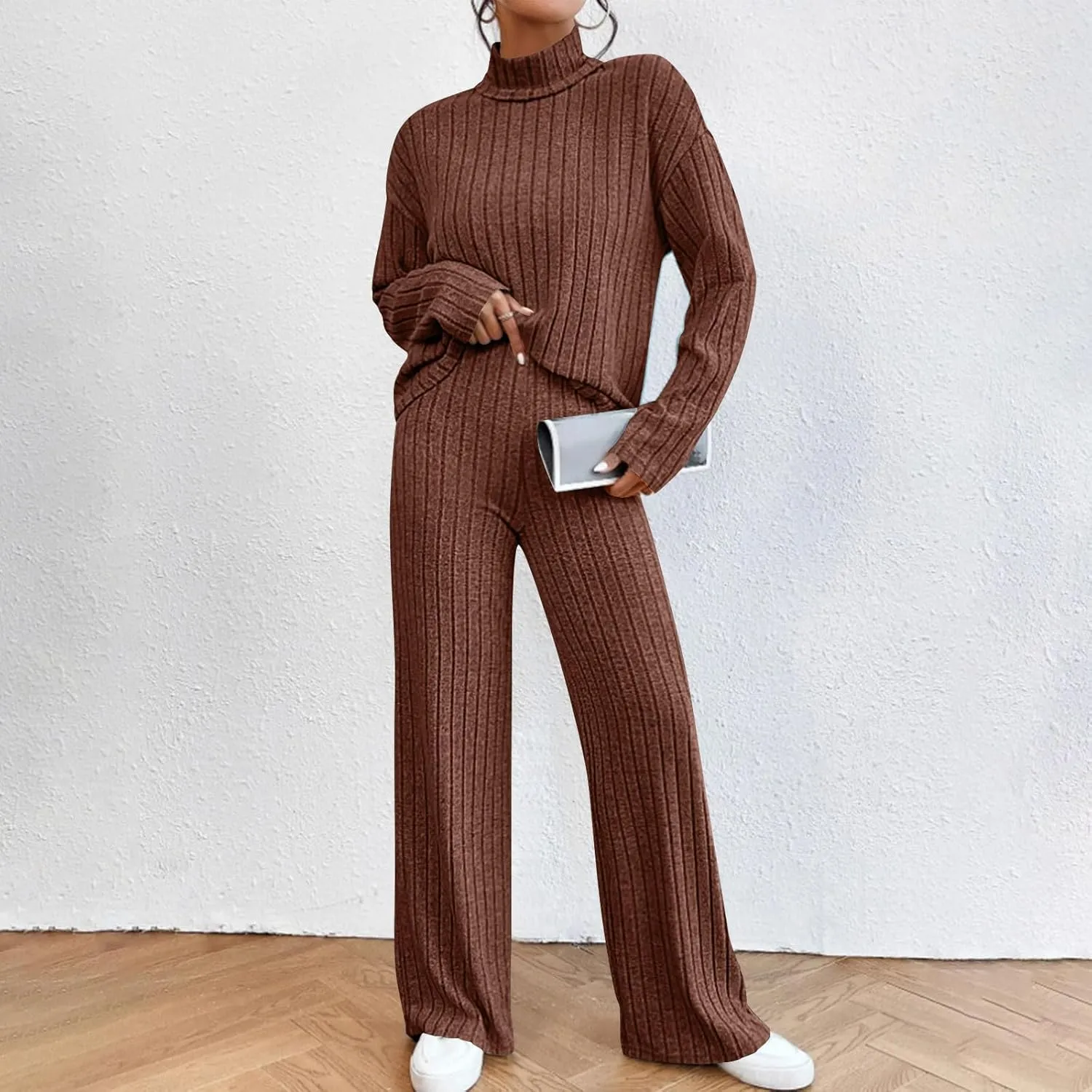 Sweater Set Women 2 Piece Lounge Set Turtleneck Knit Pullover Top and Pants Set Casual Loungewear Comfy Travel Outfit