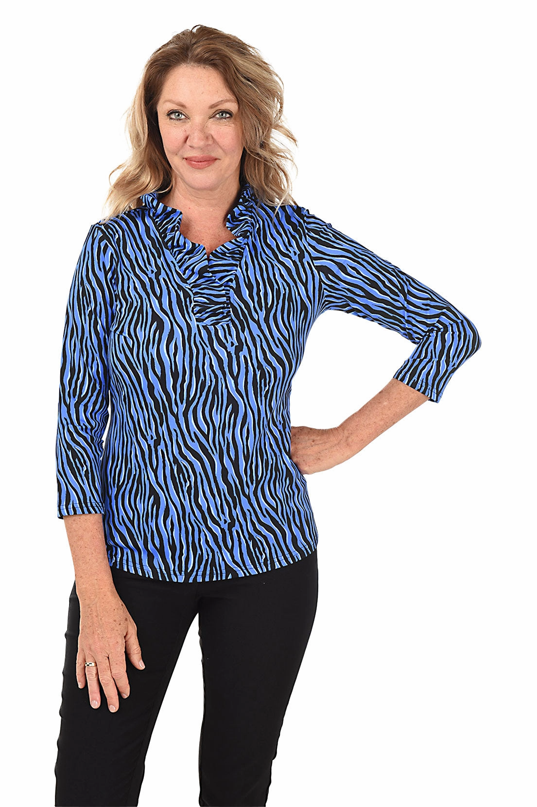 MultiPocket Design Hypnotic Zebra Ruffle Neck UPF50  Top