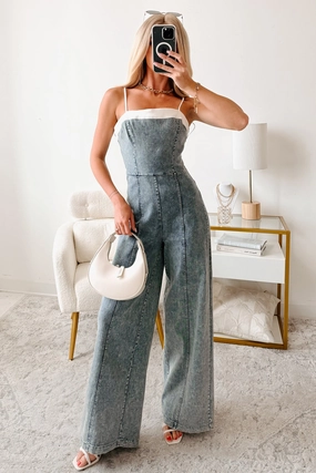 Compact Jacquard Weave HeatPressedLogos Follow The Feeling Acid Wash Denim Jumpsuit (Blue Acid/White)