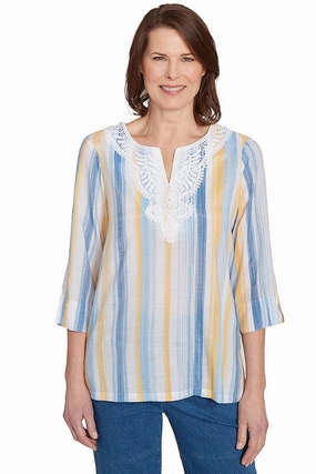 Petite Flower Power Striped Lace Neck Blouse Resilient Elasticity Adjustable Cuff