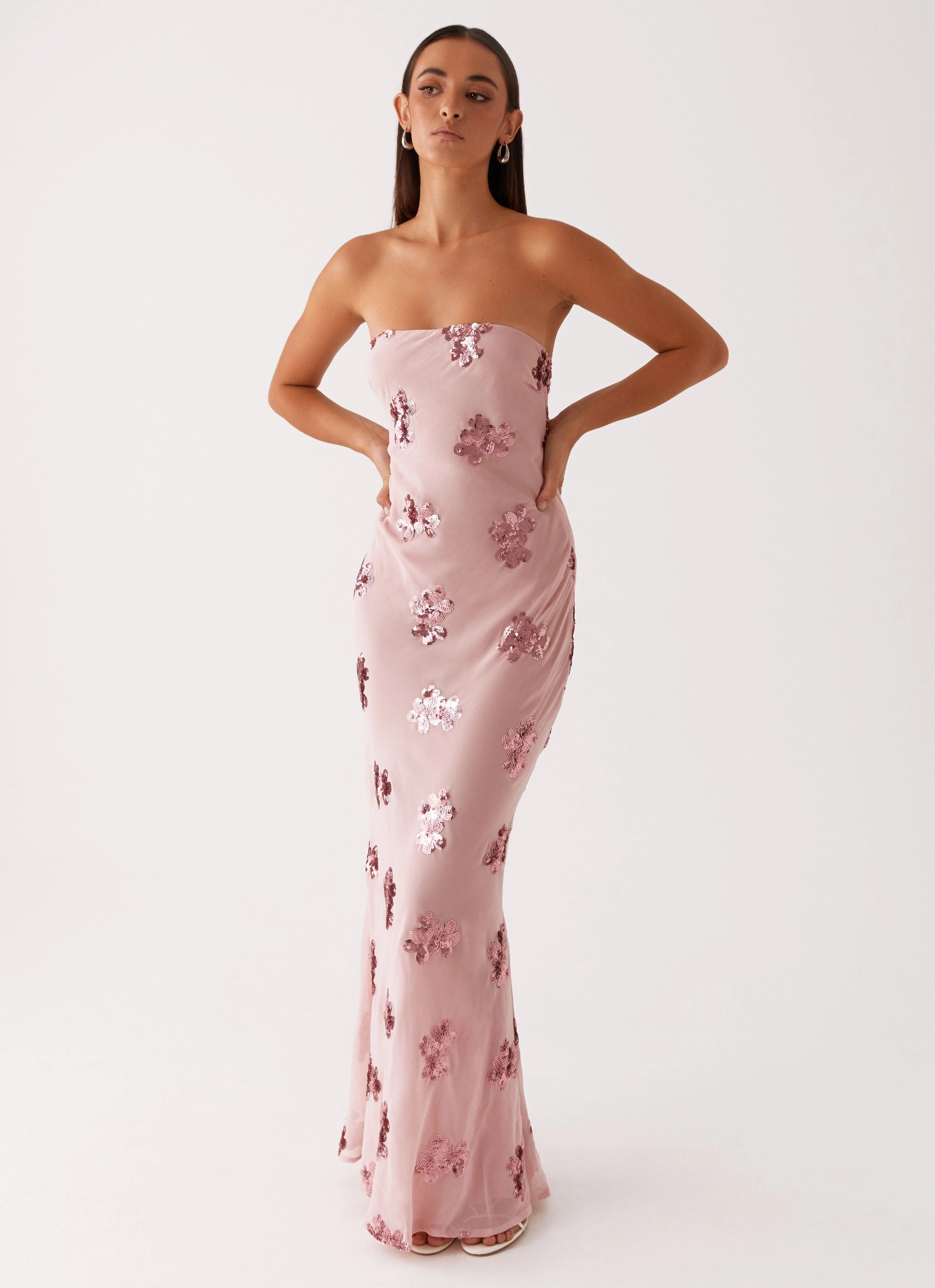 Sweet Escape Sequin Maxi Dress - Baby Pink Drapey Fabric Unique Print