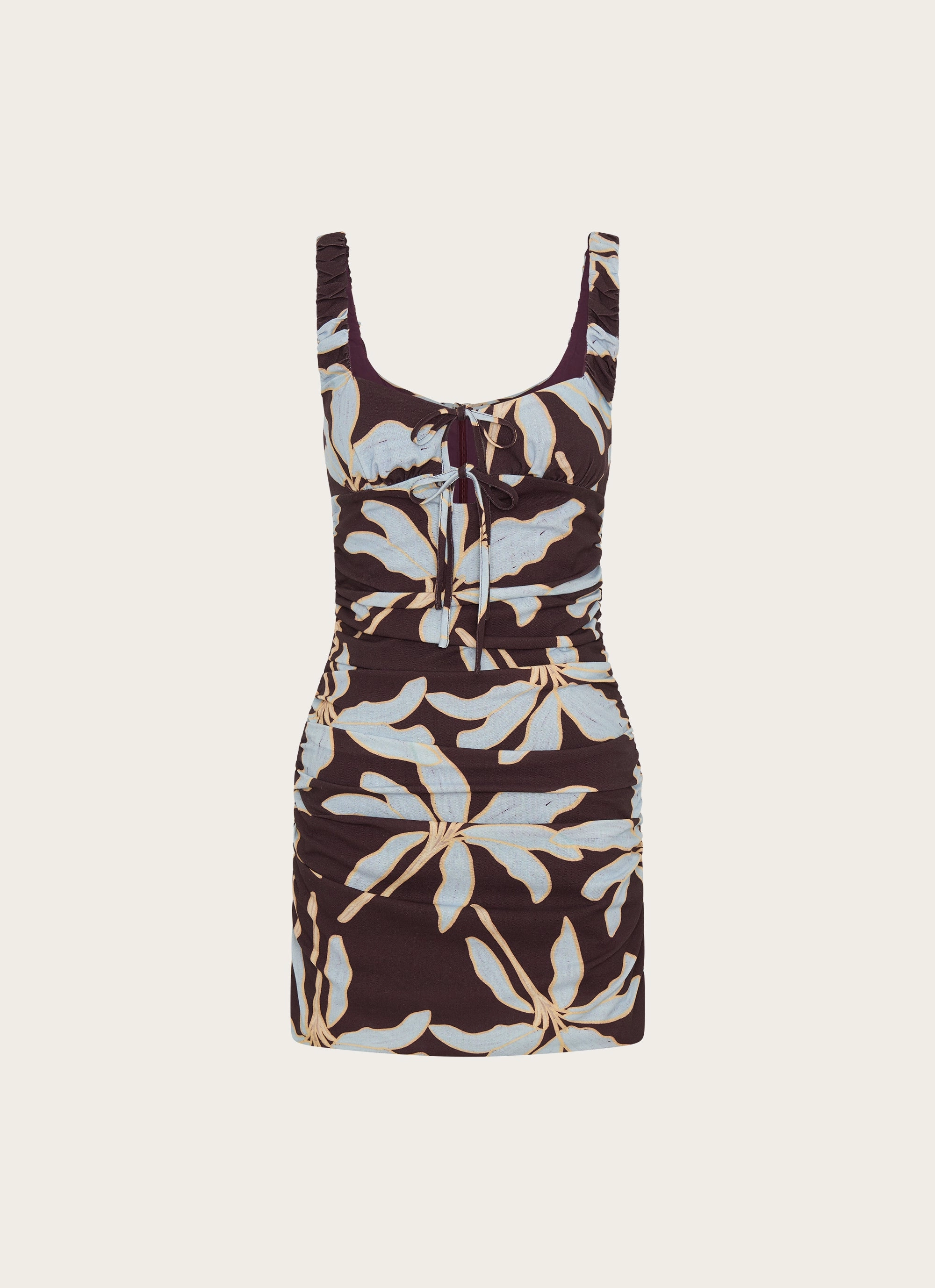 Sweet Melody Ruched Mini Dress - Opulent Brown Relaxed Mood Piped-Edge
