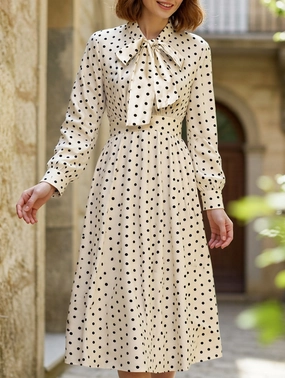 Retro style bow collar long sleeve polka dot dress Edge Shape