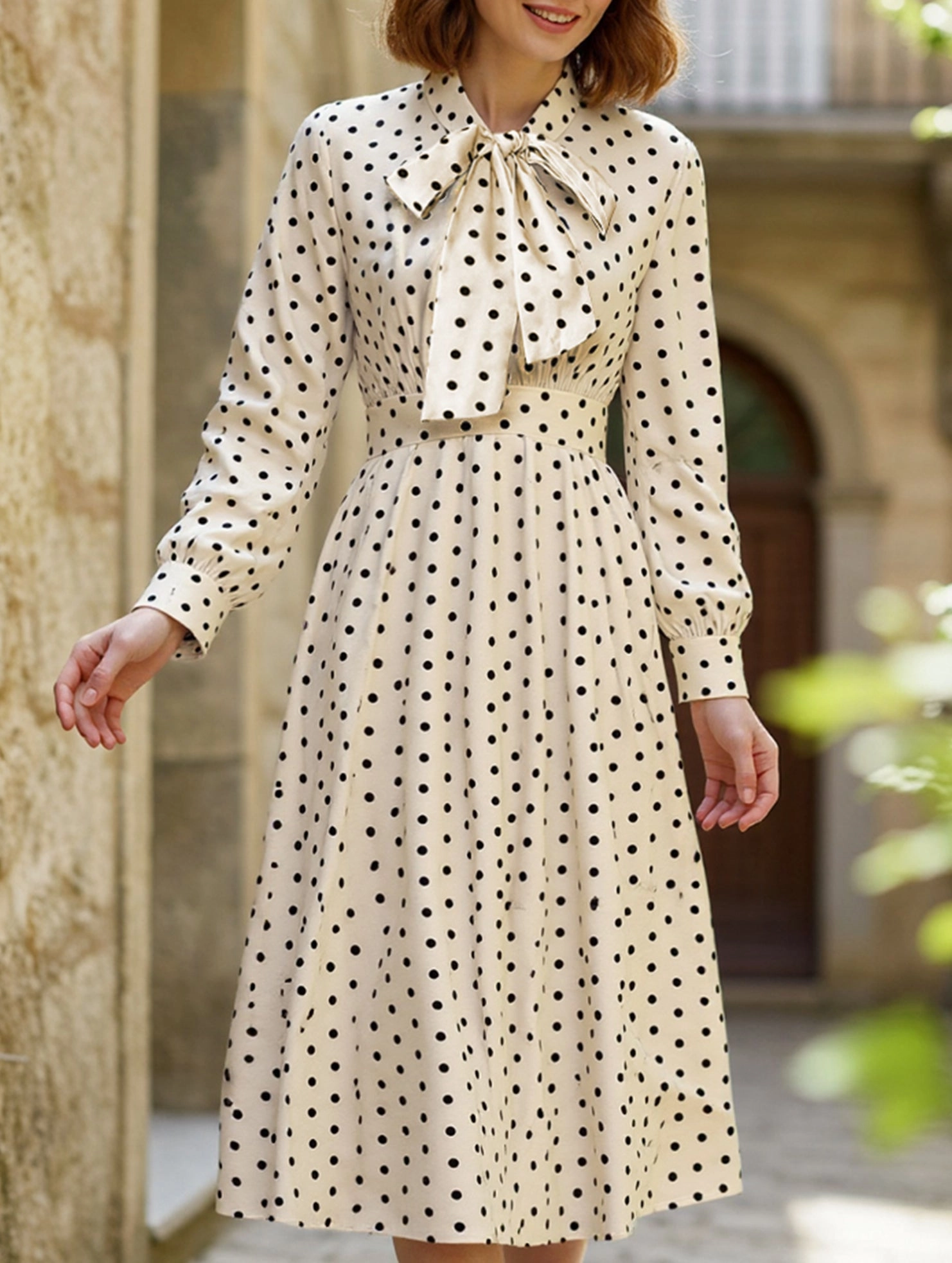 Retro style bow collar long sleeve polka dot dress Hidden Zipper Warm-Layer