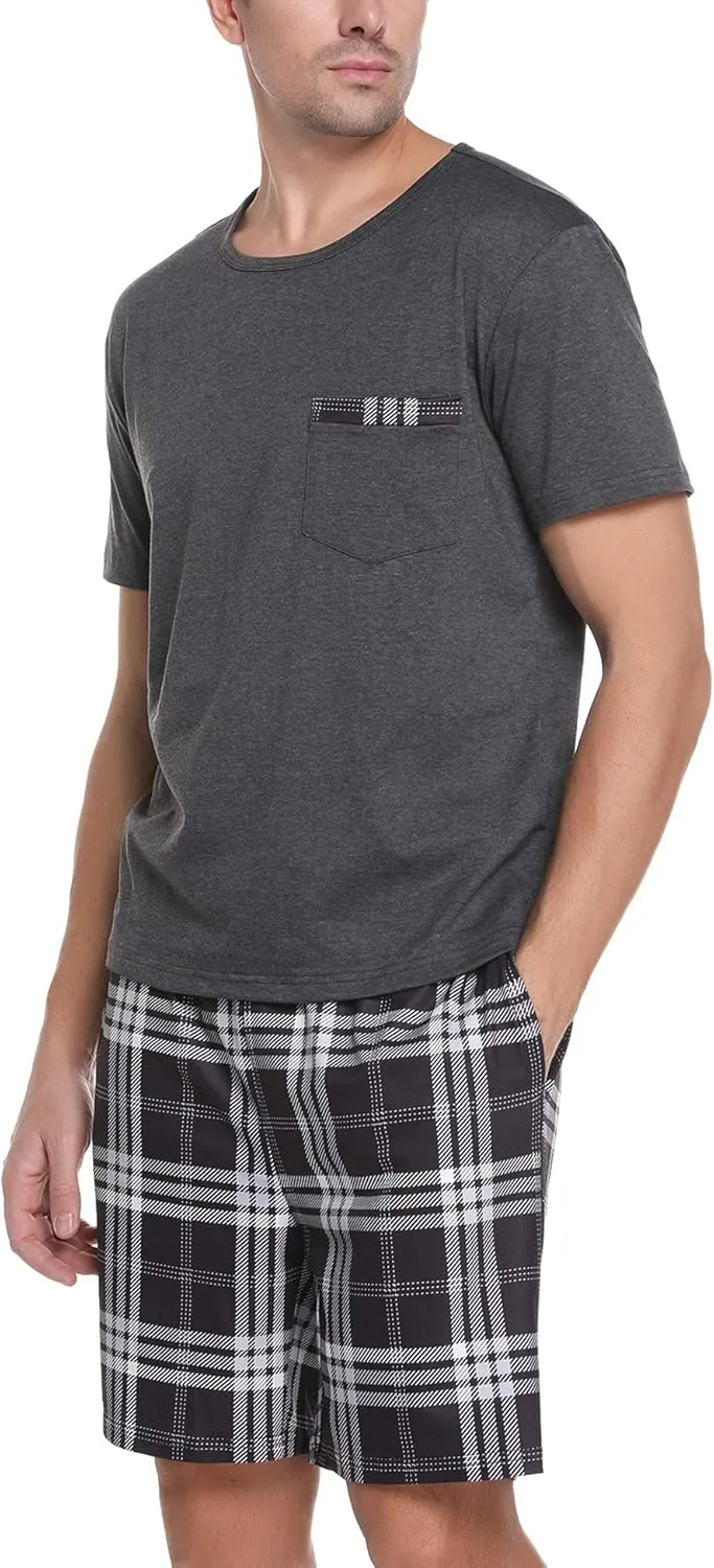 Sykooria Mens Pajamas Set Cotton Pajamas Shorts Set Short Sleeve Pjs Sets Soft Sleepwear S-XXL