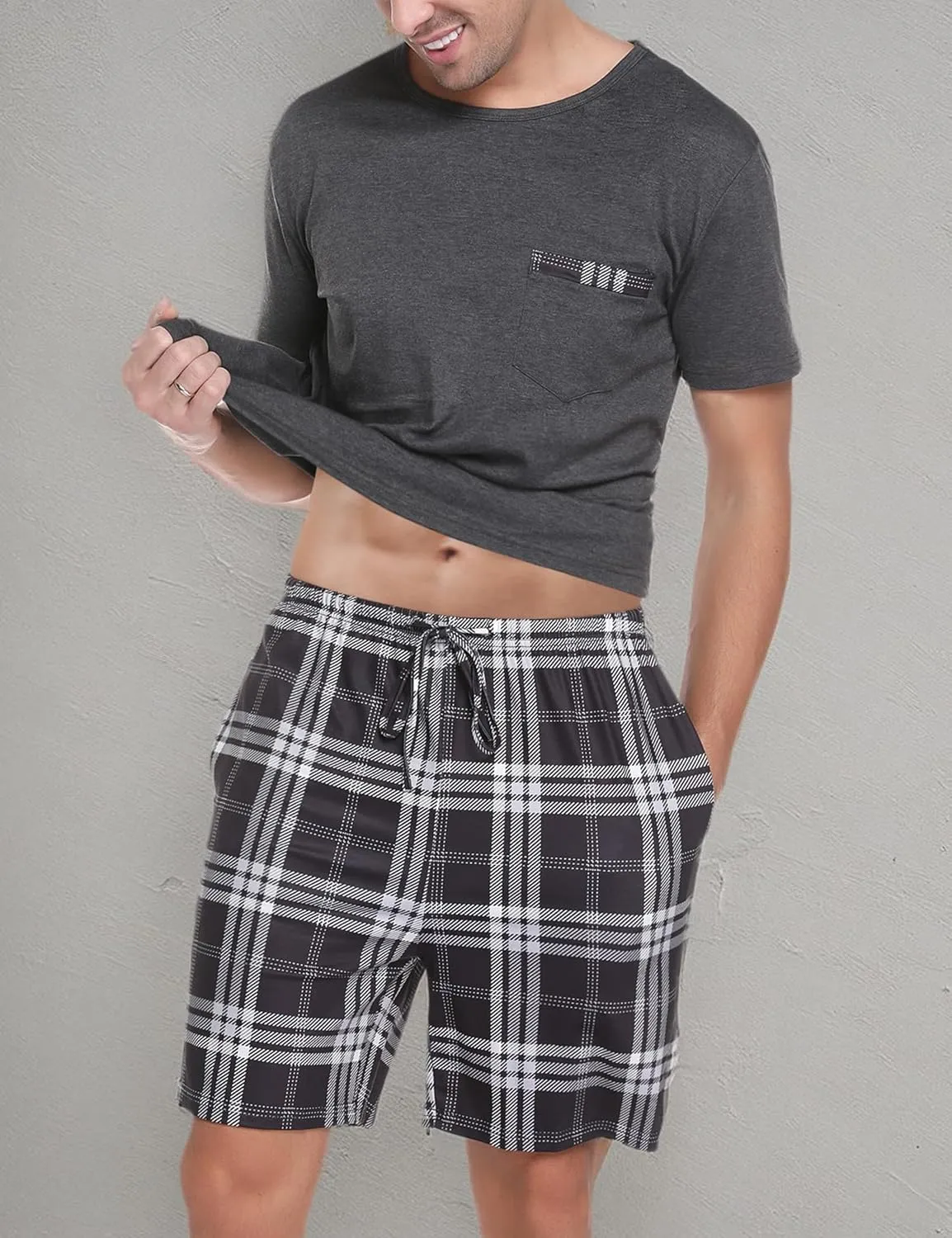 Sykooria Mens Pajamas Set Cotton Pajamas Shorts Set Short Sleeve Pjs Sets Soft Sleepwear S-XXL