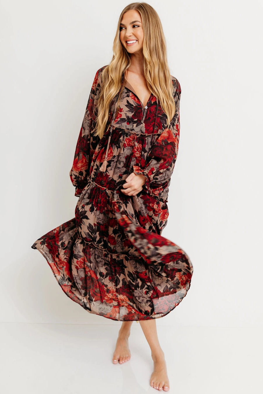 Tabitha Midi Dress in Sand - Bump Friendly Office Layer Refined fit