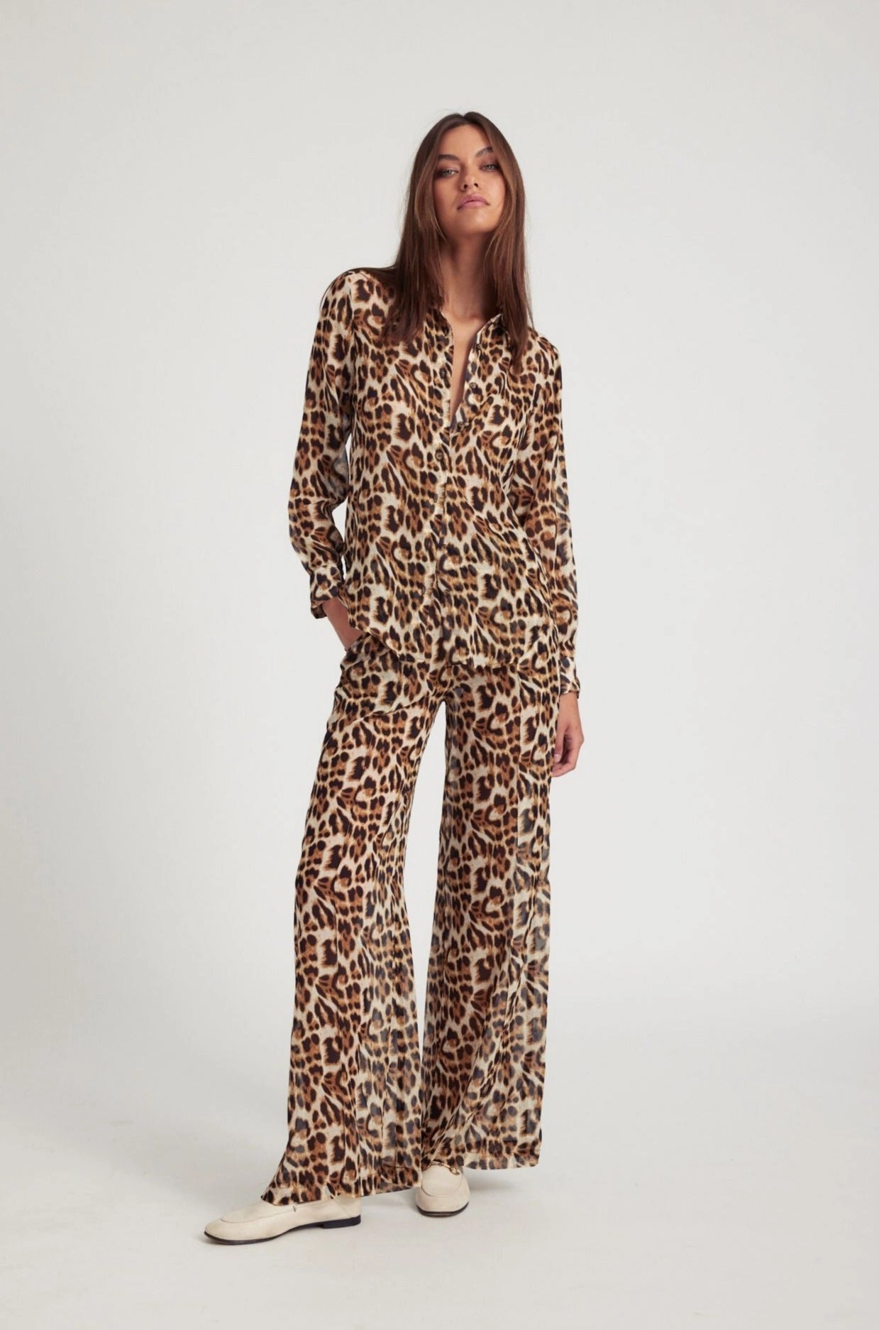 Anti Pilling Textile Leopard Silk Wide Leg Trousers