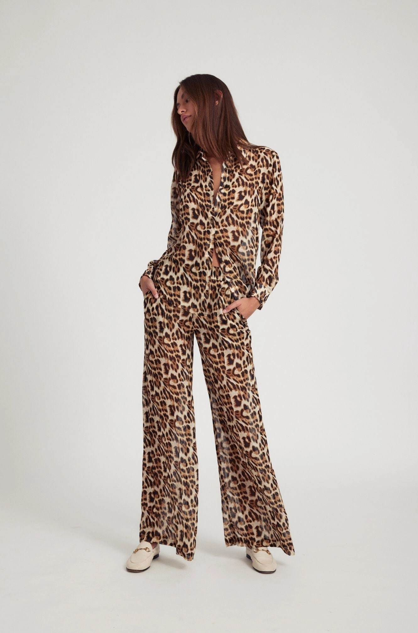 Leopard Silk Wide Leg Trousers Moisture control Non Clip