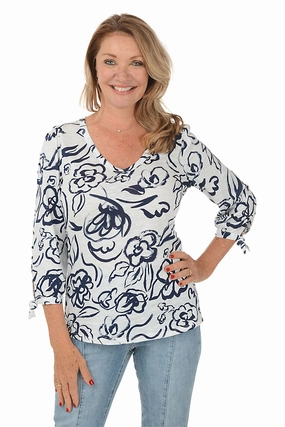 Rosette 3/4 Sleeve Slub Knit Top FlexibleCollar