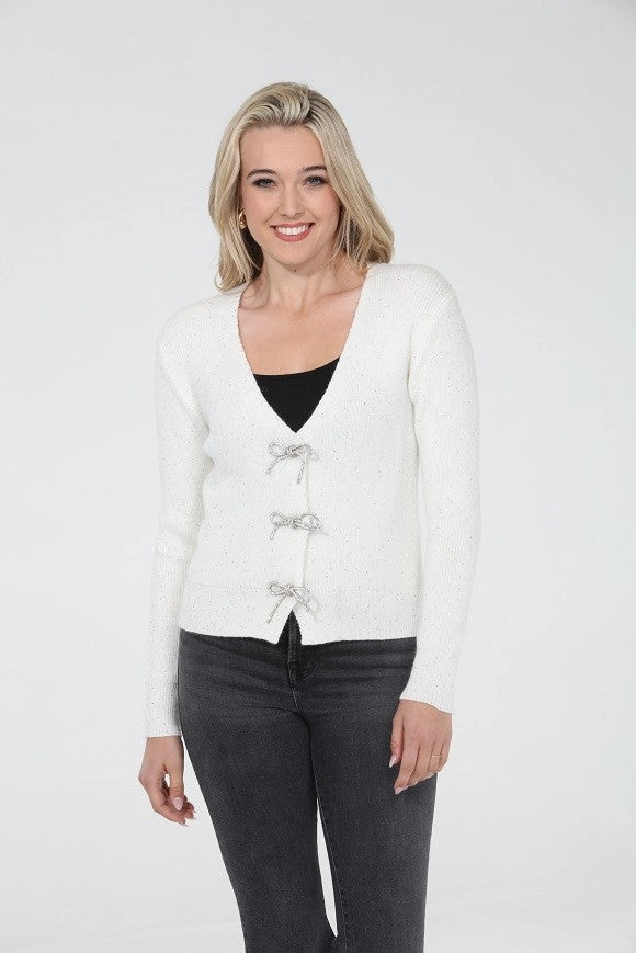 Ribbed Hem Finish Buttonless Closure The Mira Cardigan in Ivory