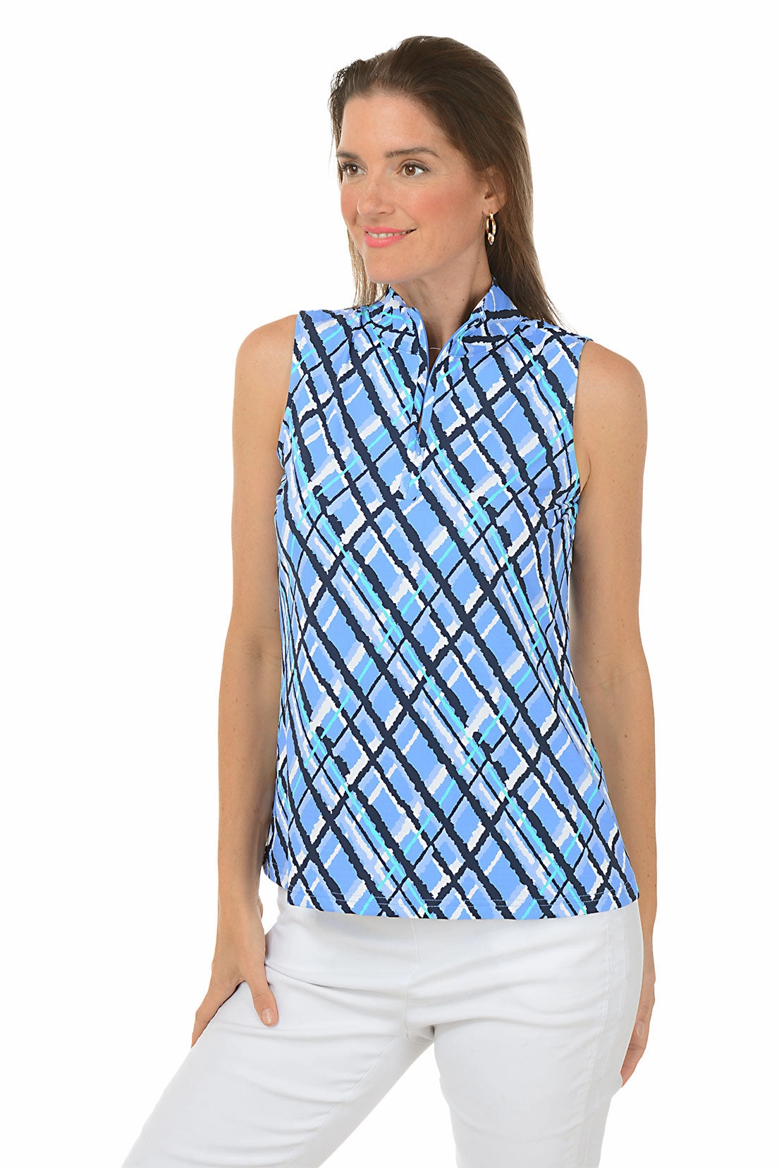 Quick Dry Technology Reinforced Shoulder Seams Argyle Plaid Cooling UPF50  Sleeveless Zip Top
