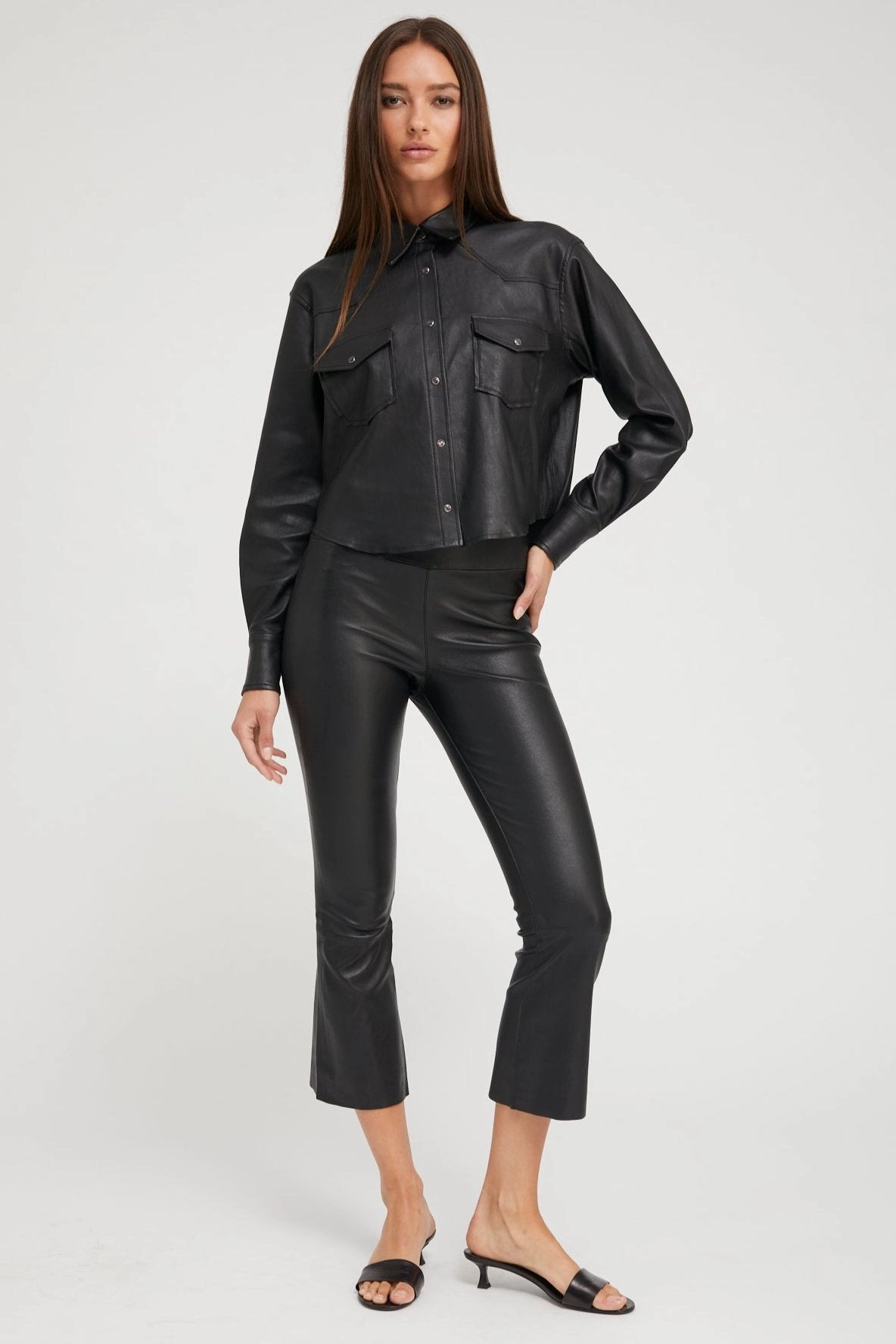 Black Leather Cropped Western Button Down Sporty Style Reflective Accent Trim