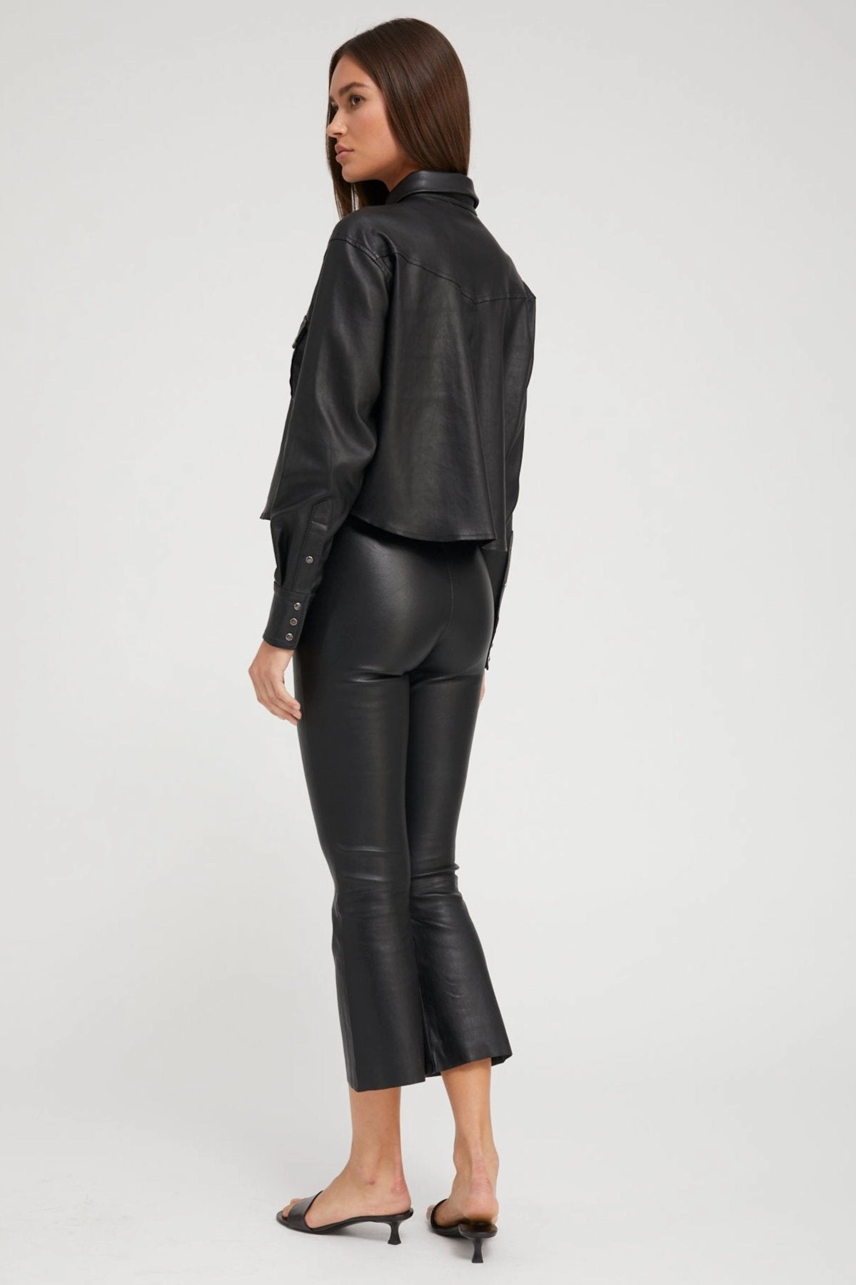 Black Leather Cropped Western Button Down RelaxedSilhouette