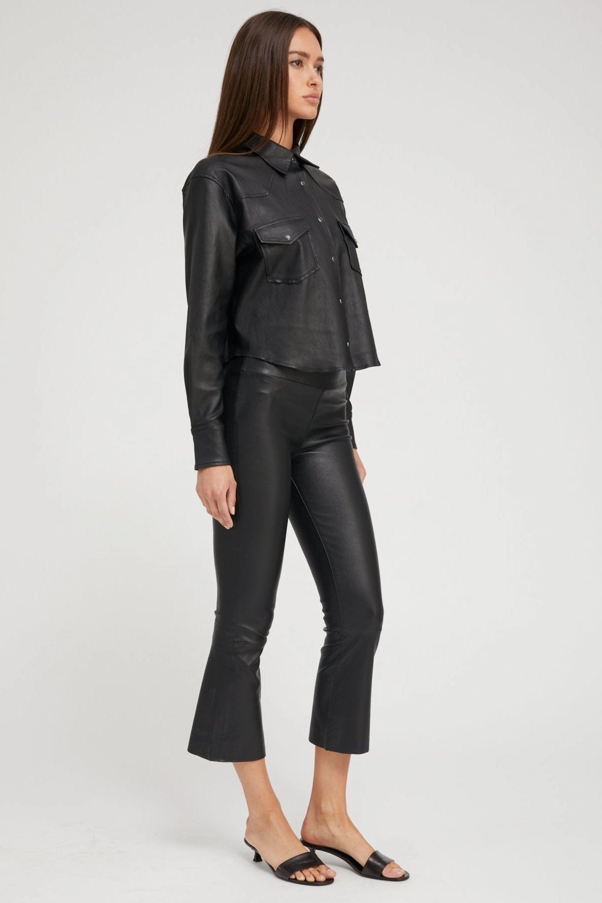 Black Leather Cropped Western Button Down FrictionResistant Edges