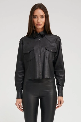 Black Leather Cropped Western Button Down Airflow Optimized Weave ThermalLining