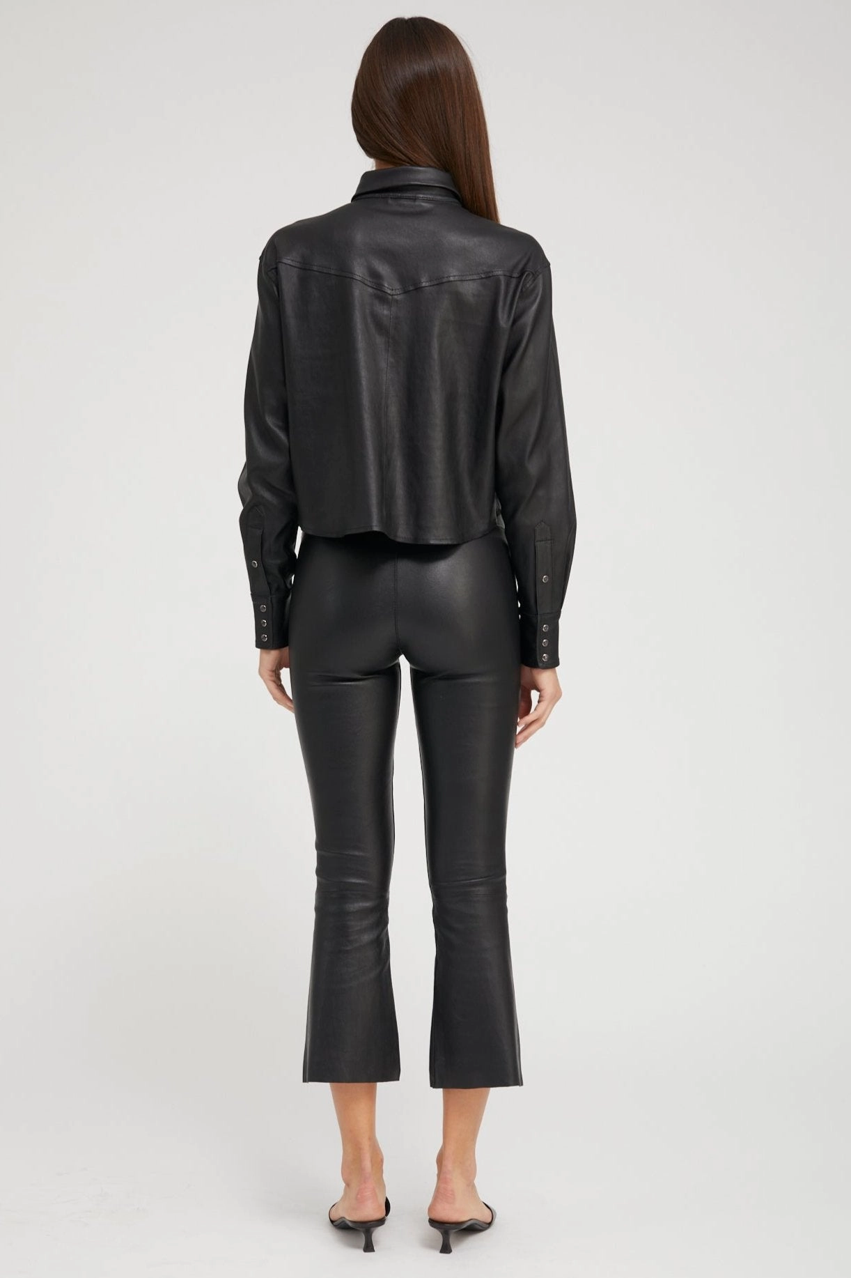 High Collar Option Heather Effect Finish Black Leather Cropped Western Button Down