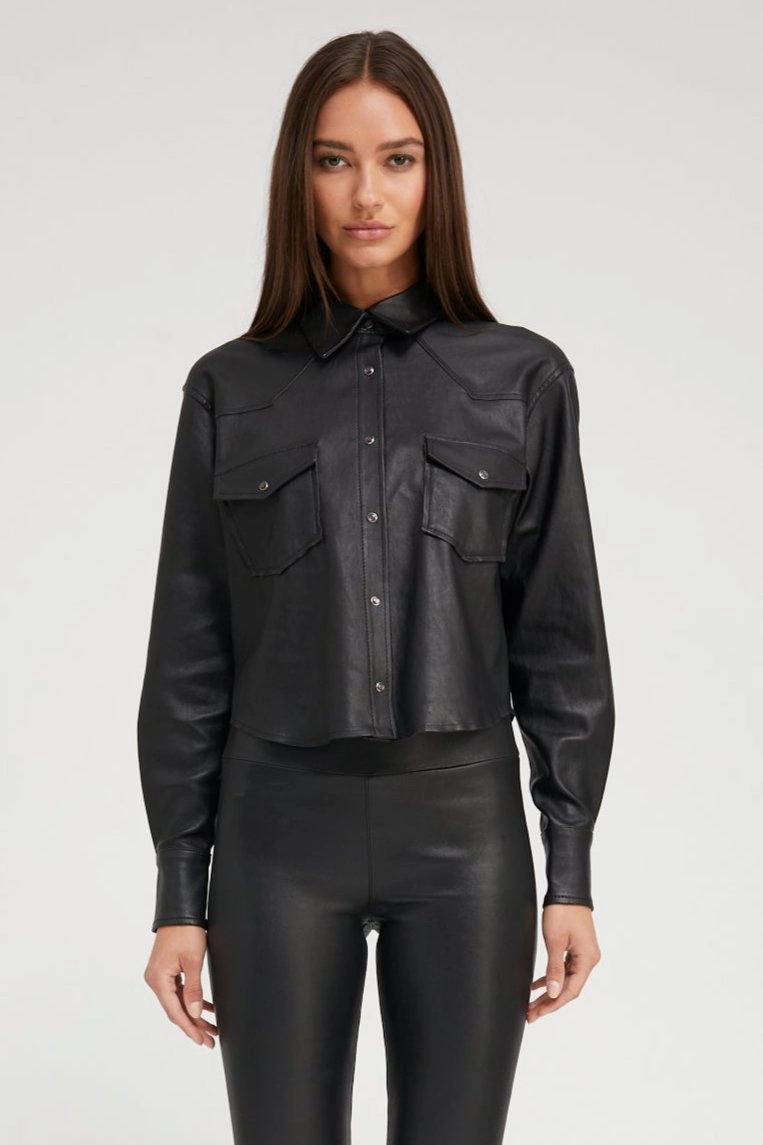 Black Leather Cropped Western Button Down Airflow Optimized Weave ThermalLining