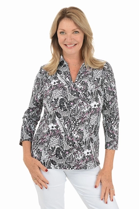 Jungle Safari UPF50  3/4 Sleeve Polo Top Heather Effect Finish Breathable Linen Blend