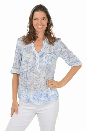 Tropical Jungle Gauze Henley Blouse DoubleStitched