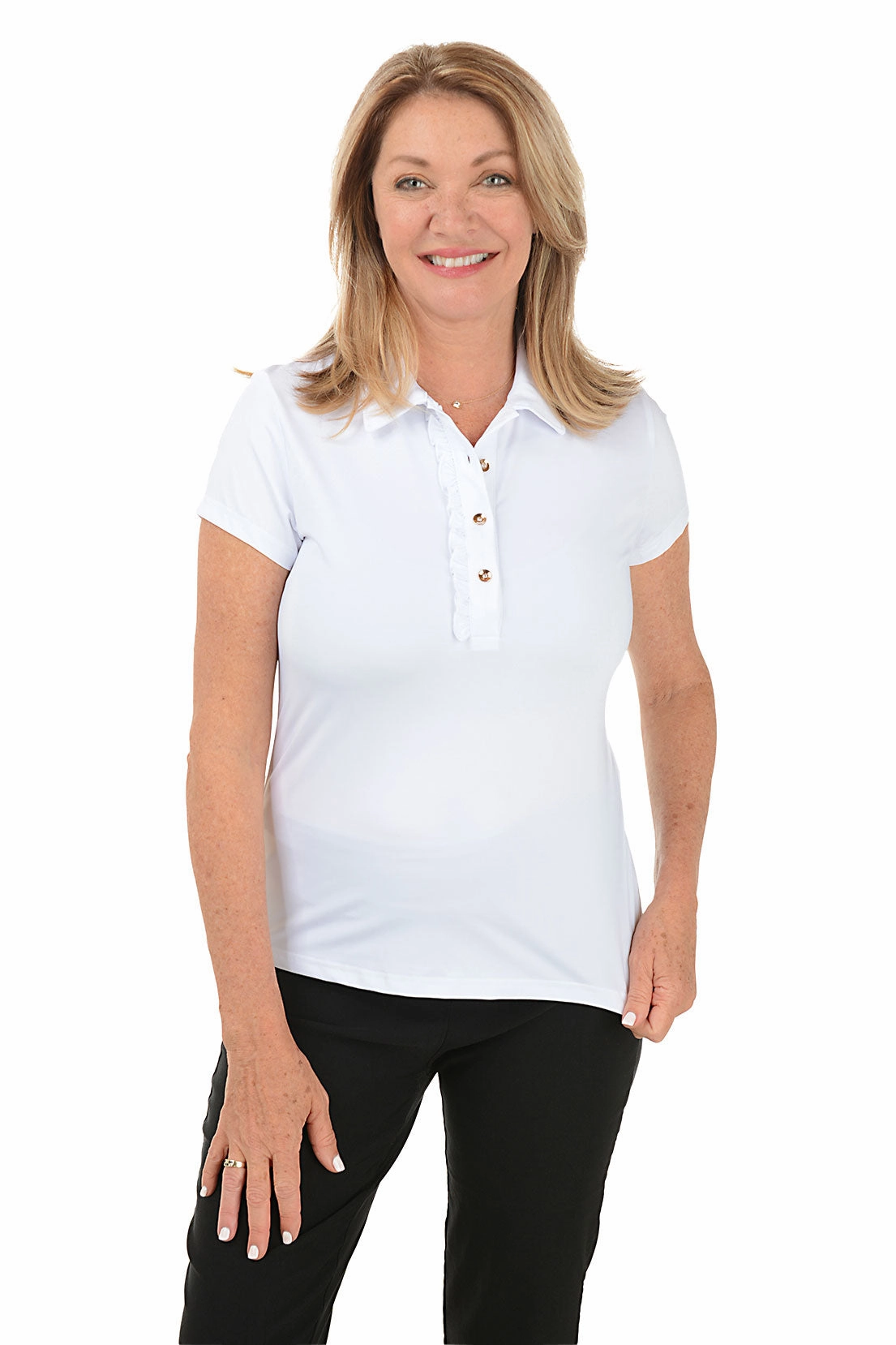 Anti Odor Treatment Solid Lizzie Ruffled Short Sleeve Polo Top