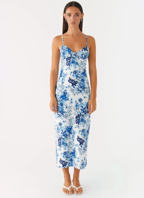 Take Chances Midi Dress - Serene Sky Floral Luxe Wear Vibrant Tone