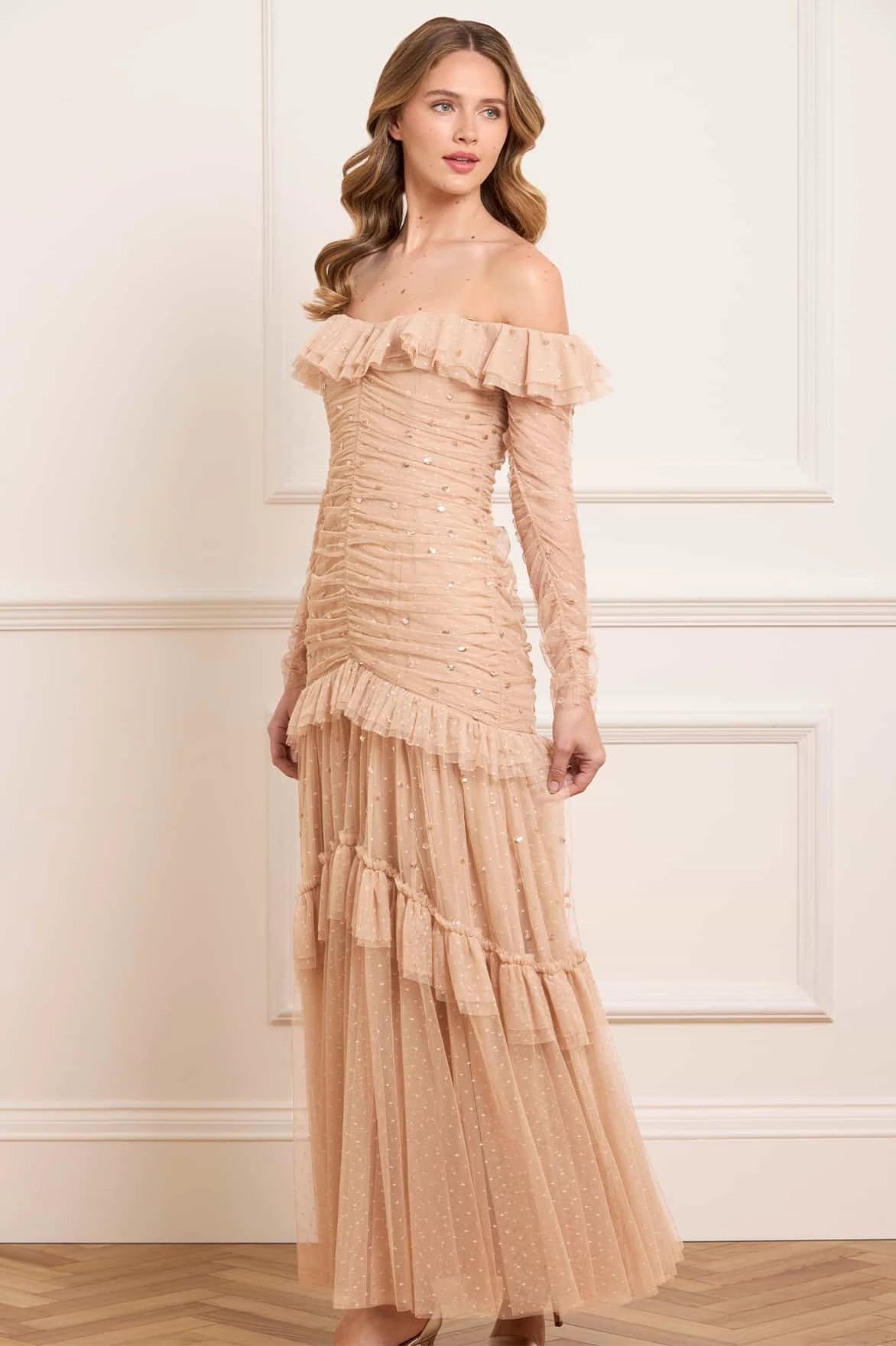 Feminine Mood Sequin Glimmer Rouched Off-Shoulder Gown