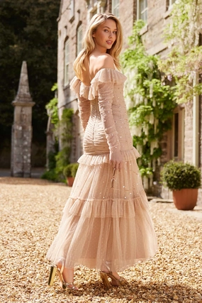 Sequin Glimmer Rouched Off-Shoulder Gown Chic boho dress Flattering Style