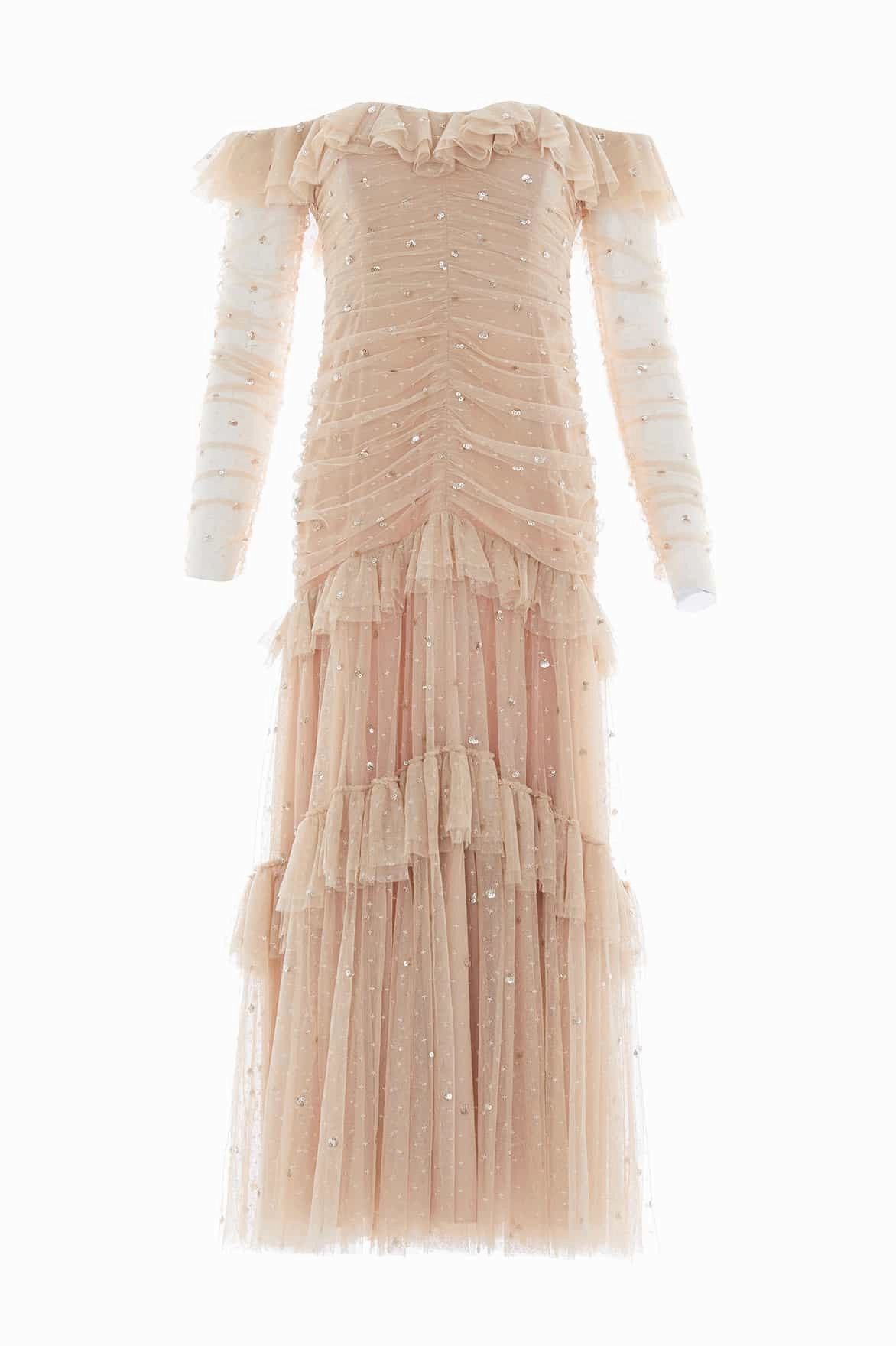 Quick Glam Vacation Vibe Sequin Glimmer Rouched Off-Shoulder Gown
