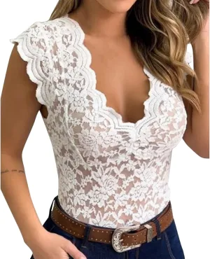 Tank Top for Women Plus Size Sheer Mesh Lace Vest Short Sleeve V Neck Lingerie Lace Scalloped Blouse Summer Party