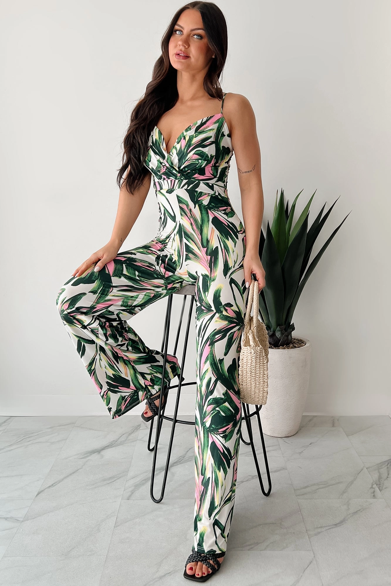 Reflective Logo Detail Walking With Fire Printed Surplice Jumpsuit (Multi)