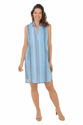 Winter Layering Mixed Fabric Glittery Blue Striped Sleeveless Dress