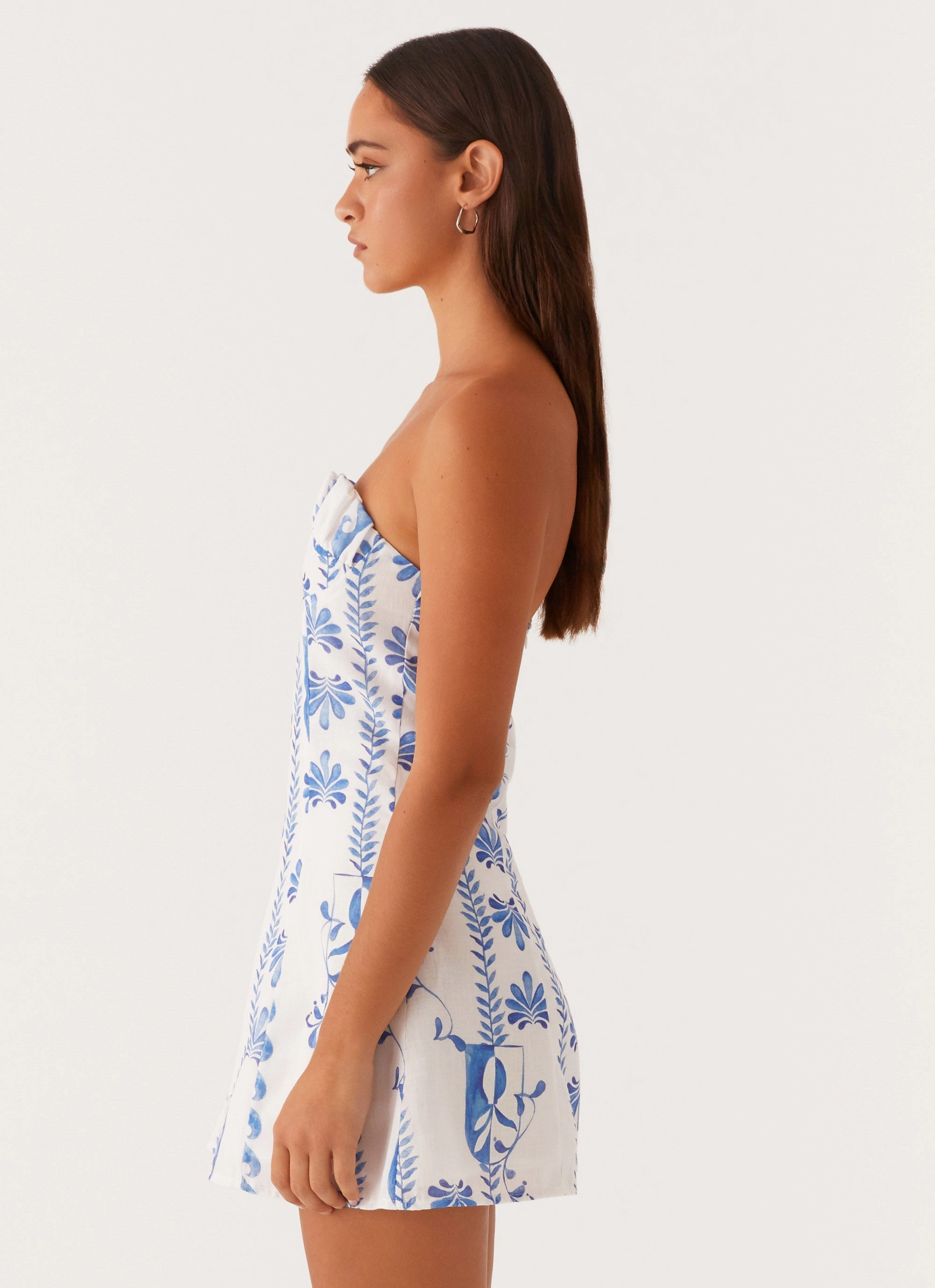 Tayla Linen Mini Dress - Floral Wave Smart Waist Design Elegant Layers