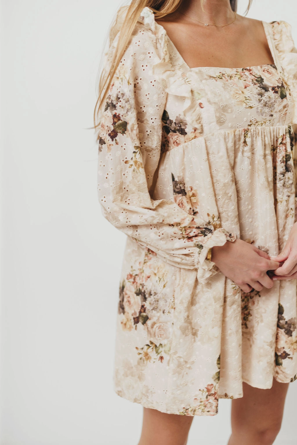 Playful-Detail Fresh Stitch Tayler 100% Cotton Mini Dress in Beige Floral