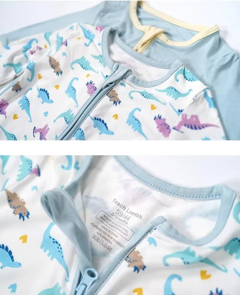 Teach Leanbh Unisex Baby 2 Pack Bamboo Viscose Pajamas with Mittens and Feet Cuffs 2 Way Zipper Long Sleeve Romper