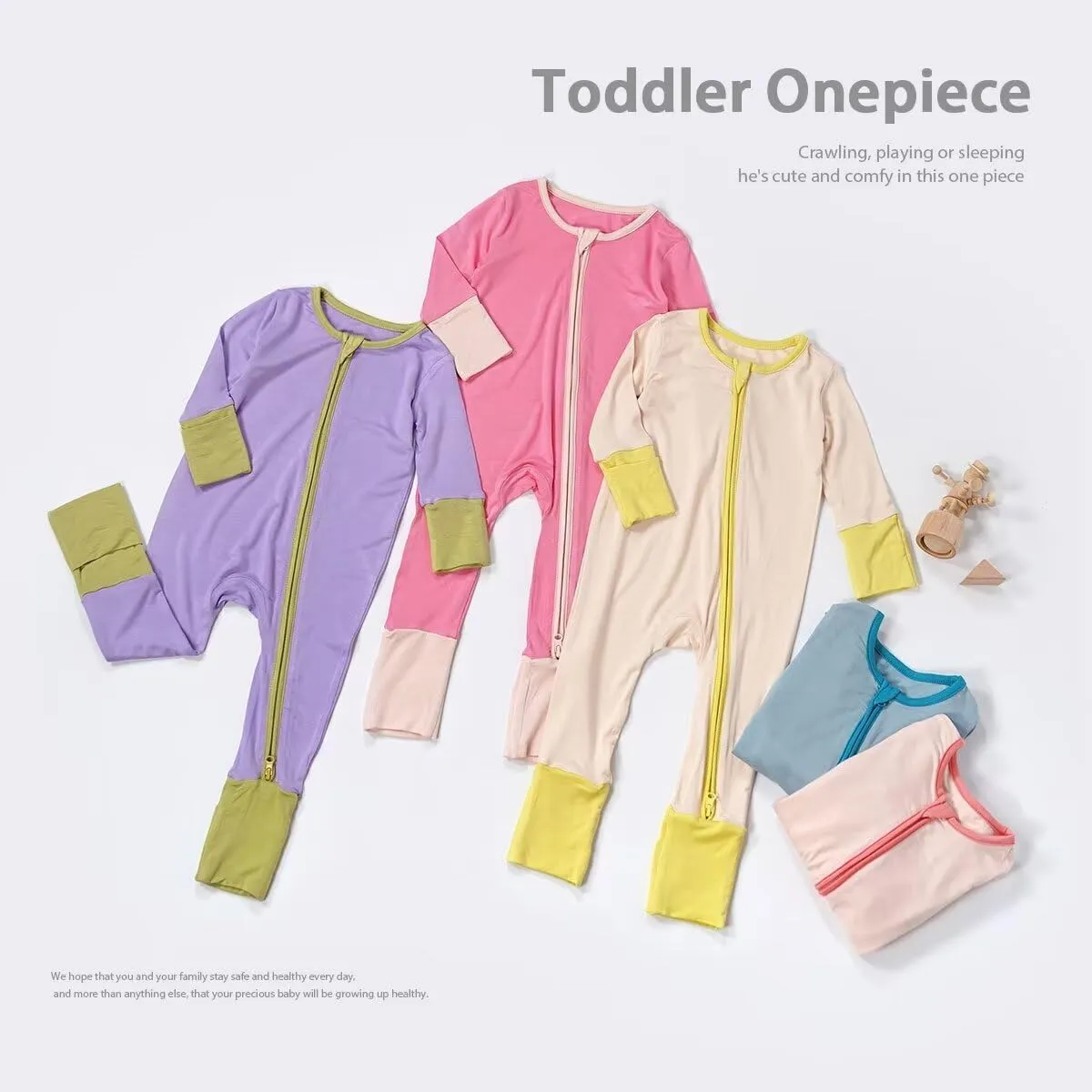 Teach Leanbh Unisex Baby Bamboo Viscose Pajamas with Mittens and Feet Cuffs Soild Printing 2 Way Zipper Long Sleeve Romper
