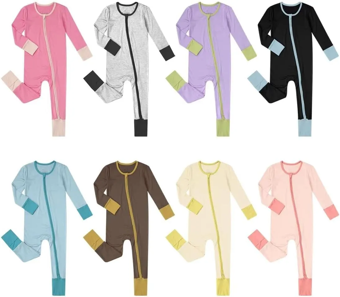Teach Leanbh Unisex Baby Bamboo Viscose Pajamas with Mittens and Feet Cuffs Soild Printing 2 Way Zipper Long Sleeve Romper