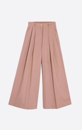 Curved Waistline Palazzo Trouser in Beige Poplin