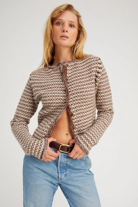 Grey Brown Cashmere Chunky Knit Cardigan Stretch Knit Material Self Fabric Tie Closure