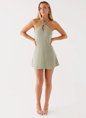 Smooth Fit Spring-Season Counting Stars Linen Halterneck Dress - Sage