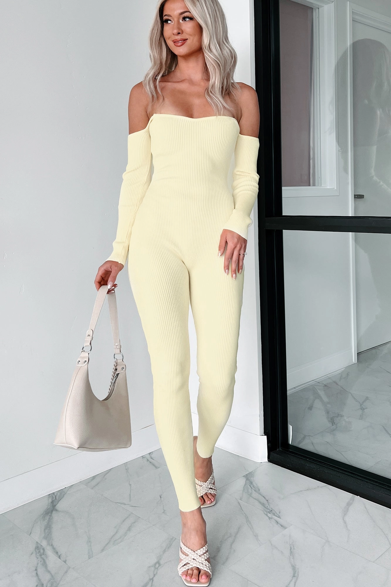 Telling Secrets Off The Shoulder Ribbed Catsuit (Yellow) Airy Mesh Lining LightweightFabric