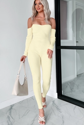 Telling Secrets Off The Shoulder Ribbed Catsuit (Yellow) Airy Mesh Lining LightweightFabric