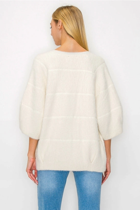 Serenity Knitted Fur Cardigan in Cream Easycare ContrastStitching