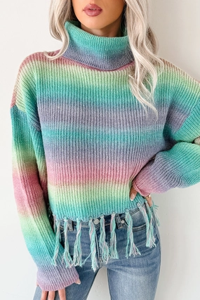 Compression Gradient Life In Color Ombre Stripe Tassel Sweater (Sage Rainbow)