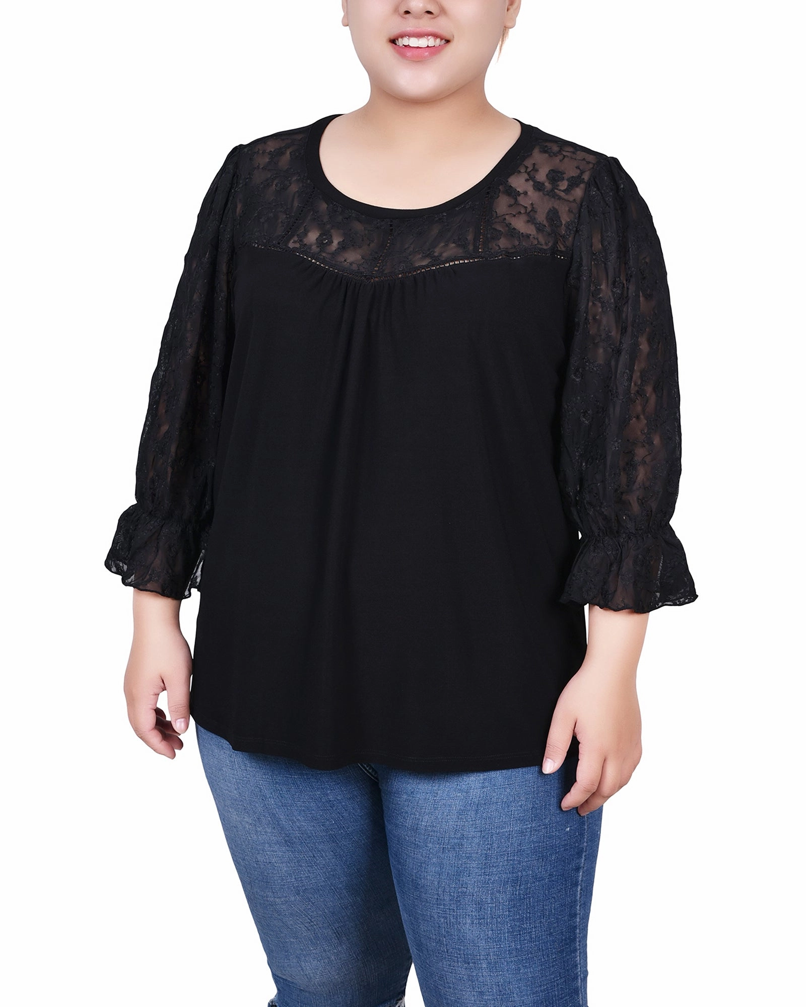 V Neck Design Quick Dry Feature Plus Size 3/4 Sleeve Crepe Top With Embroidered Mesh Yoke And Sleeves