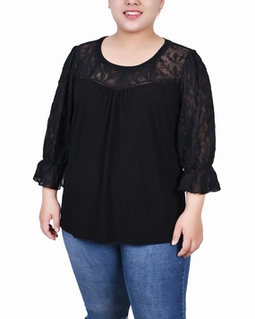V Neck Design Quick Dry Feature Plus Size 3/4 Sleeve Crepe Top With Embroidered Mesh Yoke And Sleeves