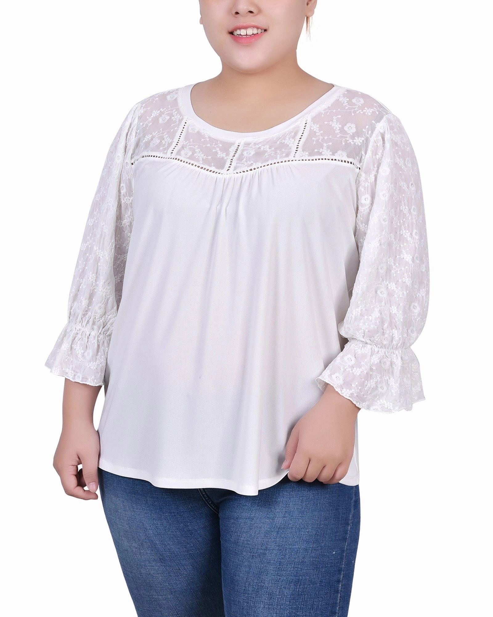Chic Sweater Plus Size 3/4 Sleeve Crepe Top With Embroidered Mesh Yoke And Sleeves