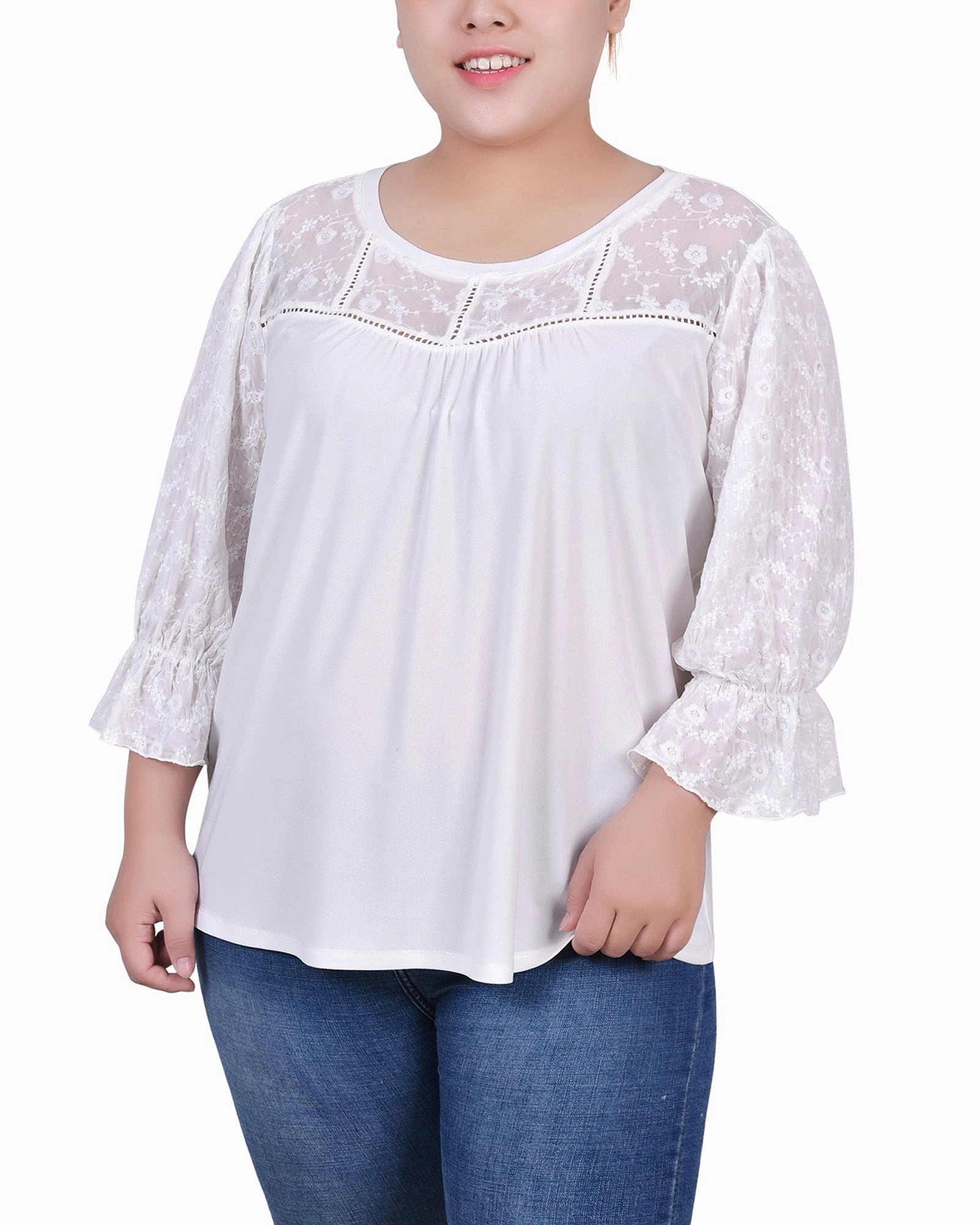 Plus Size 3/4 Sleeve Crepe Top With Embroidered Mesh Yoke And Sleeves Summer Wardrobe RelaxedNeckline