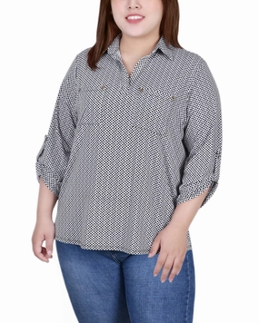 FrictionReducing Plus Size 3/4 Roll Tab Sleeve Studded Y Neck Top