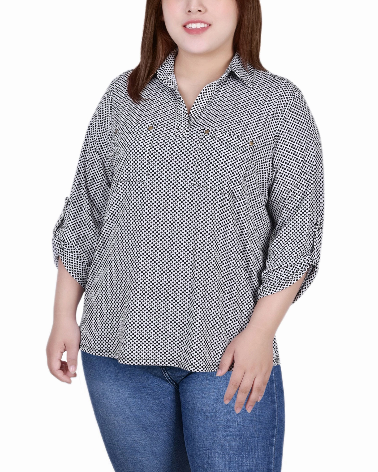Easy to Wear Quick Dry Feature Plus Size 3/4 Roll Tab Sleeve Studded Y Neck Top